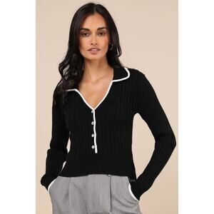 Lulus Curated Season Black Collared Sweater Top - Size S